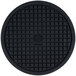 A black round heat-resistant silicone trivet with a grid pattern.
