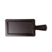 A black rectangular melamine serving board with a faux wood design and a handle.
