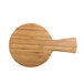 A wooden round serving board with a handle.