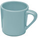 A close-up of a blue Elite Global Solutions melamine mug with a handle.