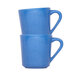 Two blue Elite Global Solutions melamine mugs with handles stacked on top of each other.