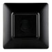A black square Elite Global Solutions Karma melamine plate with a black square and circular logo.