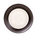 An Elite Global Solutions Durango white melamine bowl with a brown rim.