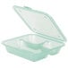 A jade plastic container with three compartments and a lid.