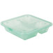 A jade green plastic 3-compartment take out container.