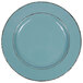 A blue Elite Global Solutions melamine plate with brown trim.