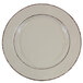 A white Elite Global Solutions melamine plate with brown trim.
