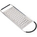 A Tablecraft stainless steel flat grater with black handles and extra coarse holes.