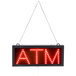 A white sign with red LED lights that says "ATM" hanging from a chain.