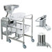 A silver Robot Coupe CL60 food processor with a container and a bucket on wheels.