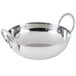 A silver stainless steel bowl with two handles.
