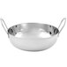 A close-up of an American Metalcraft stainless steel balti bowl with handles.