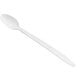 A close up of a Choice white plastic soda/sundae spoon with a white handle.