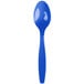 A blue plastic spoon on a white background.