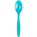 A blue plastic spoon with white accents.