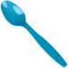 A turquoise blue plastic spoon with a handle.
