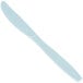 A close up of a Creative Converting pastel blue plastic knife with a white handle.