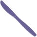 A purple plastic knife with a white background.