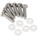 A group of screws and washers on a white background.