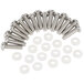 A group of screws and washers on a white background.