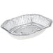 A close-up of a silver Durable Packaging oval foil roast pan.