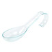 A clear plastic spoon with a curved handle.