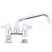 An Equip by T&S deck-mount faucet with 4" centers, a chrome finish, and a swivel base with a 8 1/8" swing nozzle.