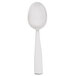 An Arcoroc stainless steel dessert spoon with a white handle and bowl.
