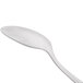An Arcoroc stainless steel dessert spoon with a white handle.
