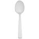 An Arcoroc stainless steel teaspoon with a white handle on a white background.