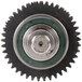 A close-up of a metal and black gear wheel with a green and black center.