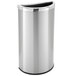 A silver stainless steel Commercial Zone trash receptacle with a black lid.