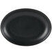 A black Hall China oval platter with a black rim on a white background.