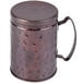A close-up of a Libbey antique copper metal mug with a handle.