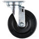 A close-up of a 5" black and silver Swivel Plate Caster wheel with a metal wheel.