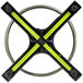 A black and yellow x-shaped table base with a circular ring.