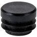 A black round plastic knob with three holes on a white background.