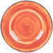 A close-up of a red Carlisle Mingle melamine salad plate with a red swirl design.