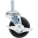 A metal swivel stem caster with a black wheel and a screw and nut.