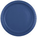 A close-up of a blue paper plate with a white background.