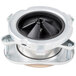 A round metal InSinkErator sink flange with a black rubber center.