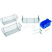 A blue plastic bin and metal shelves and pegs from the Metro SmartWall G3 Food Prep Accessory Pack.