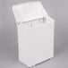 A white plastic wall-mounted sanitary napkin receptacle with the lid open.