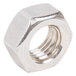 A close-up of a stainless steel nut.