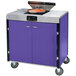 A purple and black Lakeside mobile cooking cart with a pan on top.