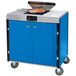 A blue Lakeside mobile cooking cart with a pan on an induction burner.