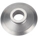 A stainless steel round metal disc with a hole in the center.