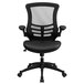 A black office chair with mesh back.