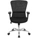 A black Flash Furniture office chair with black mesh and chrome base with wheels.