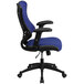 A blue mesh office chair with black padded seat and arms and black base.